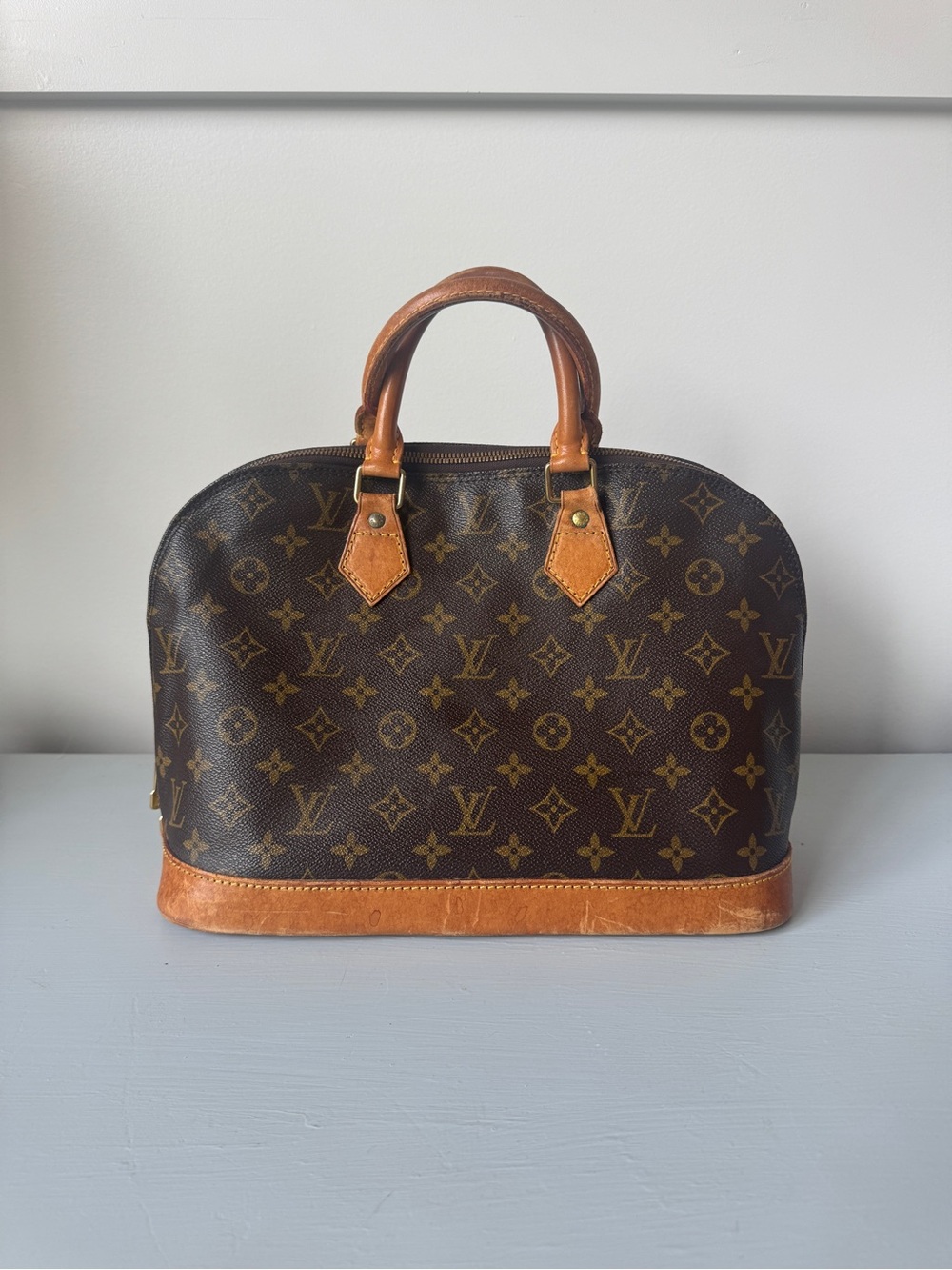 Authentic Louis Vuitton Classic Monogram Alma , Leather Top-Handle Bag in Brown